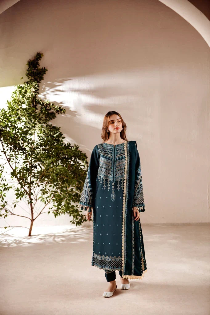 FLORENT - 3PC DHANAK EMBROIDERED SHIRT WITH DHANAK EMBROIDERED SHAWL AND TROUSER - ZN-1155
