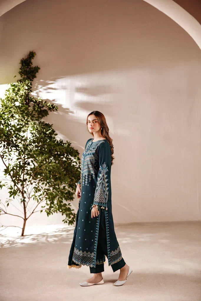 FLORENT - 3PC DHANAK EMBROIDERED SHIRT WITH DHANAK EMBROIDERED SHAWL AND TROUSER - ZN-1155