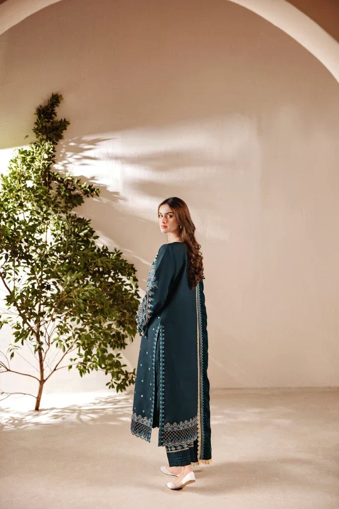 FLORENT - 3PC DHANAK EMBROIDERED SHIRT WITH DHANAK EMBROIDERED SHAWL AND TROUSER - ZN-1155