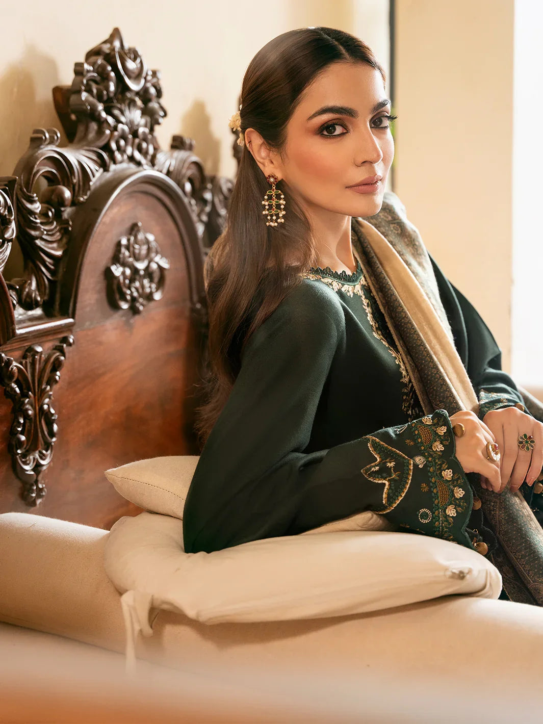 IZEL - 3PC DHANAK EMBROIDERED SHIRT WITH TWILL PRINTED SHAWL AND TROUSER - ZN-1006