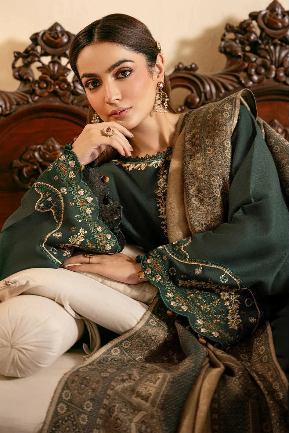 IZEL - 3PC DHANAK EMBROIDERED SHIRT WITH TWILL PRINTED SHAWL AND TROUSER - ZN-1006