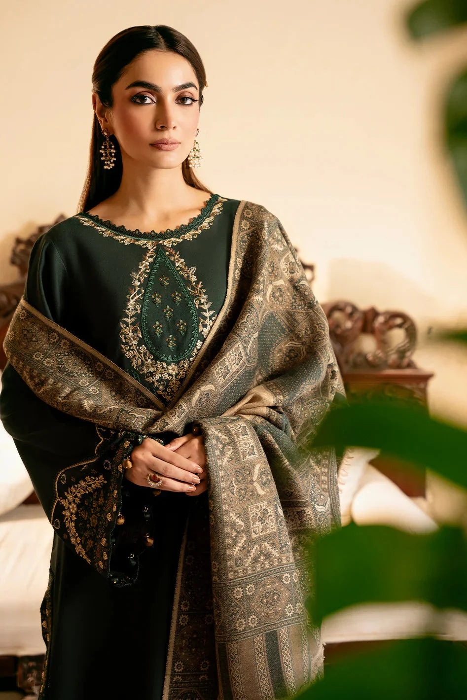 IZEL - 3PC DHANAK EMBROIDERED SHIRT WITH TWILL PRINTED SHAWL AND TROUSER - ZN-1006