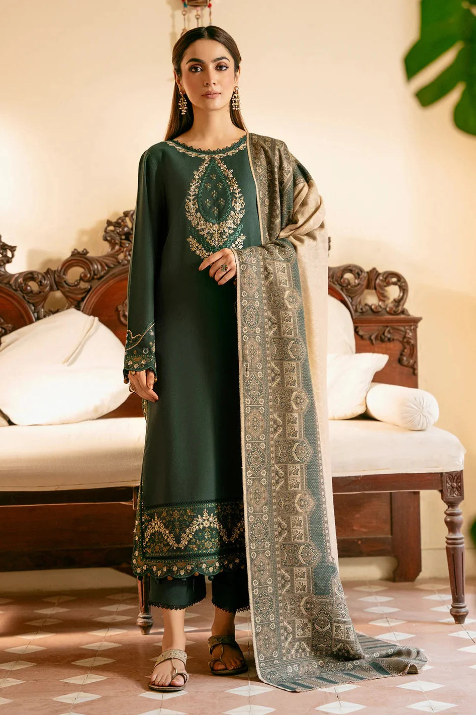 IZEL - 3PC DHANAK EMBROIDERED SHIRT WITH TWILL PRINTED SHAWL AND TROUSER - ZN-1006
