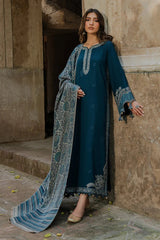 IZEL - 3PC DHANAK EMBROIDERED SHIRT WITH TWILL PRINTED SHAWL AND TROUSER - ZN-1007