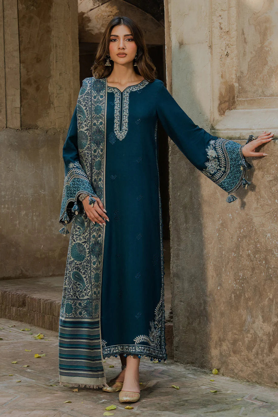 IZEL-3PC DHANAK EMBROIDERED SHIRT WITH PRINTED PASHMINA SHAWL AND TROUSER ZDH-516