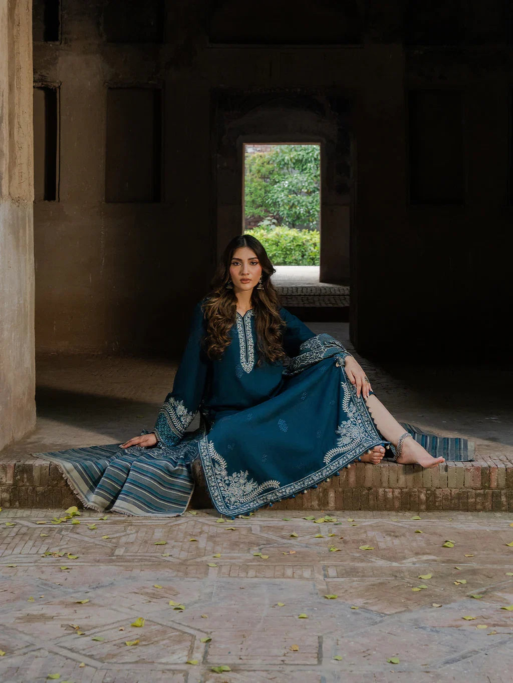 IZEL - 3PC DHANAK EMBROIDERED SHIRT WITH TWILL PRINTED SHAWL AND TROUSER - ZN-1007
