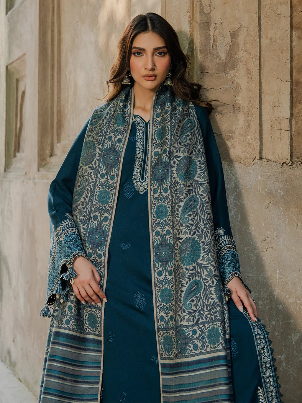 IZEL-3PC DHANAK EMBROIDERED SHIRT WITH PRINTED PASHMINA SHAWL AND TROUSER ZDH-516
