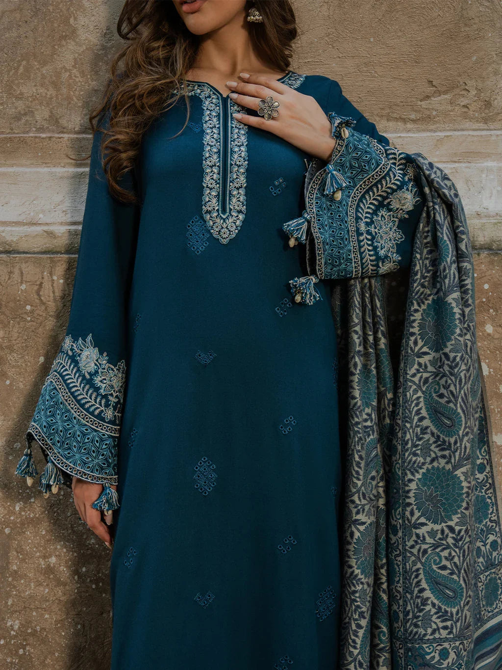 IZEL - 3PC DHANAK EMBROIDERED SHIRT WITH TWILL PRINTED SHAWL AND TROUSER - ZN-1007