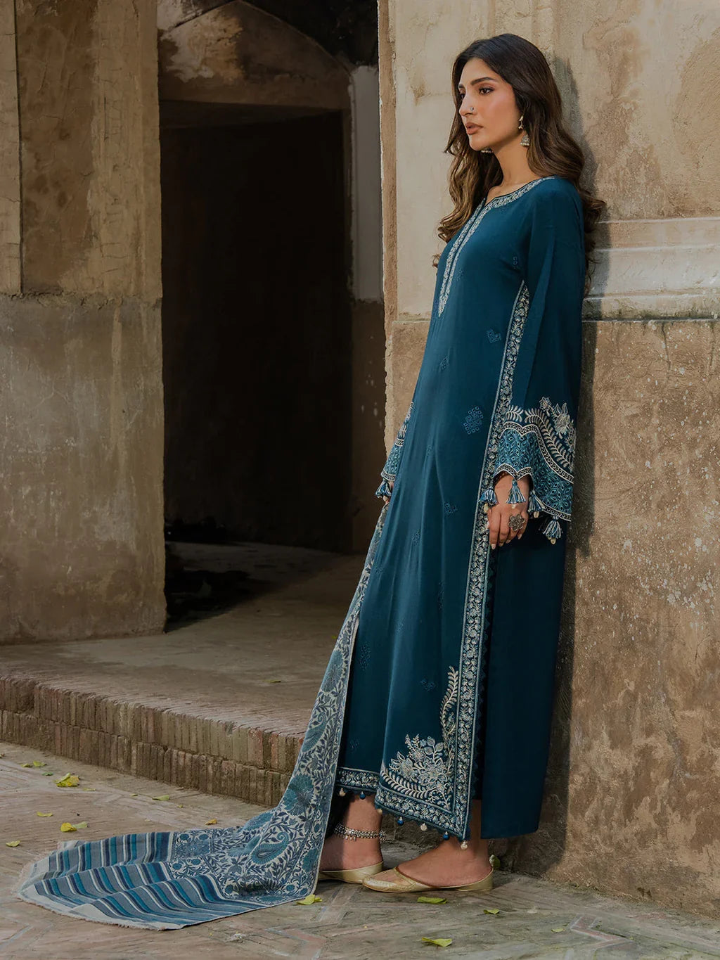 IZEL - 3PC DHANAK EMBROIDERED SHIRT WITH TWILL PRINTED SHAWL AND TROUSER - ZN-1007