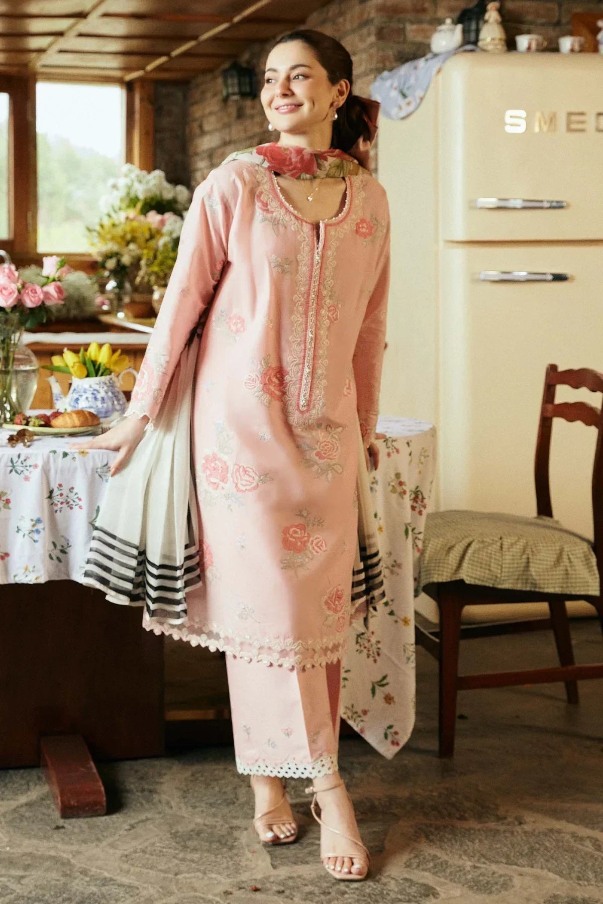 ZARA SHAH JAHAN - 3PC DHANAK EMBROIDERED SHIRT WITH TWILL PRINTED SHAWL AND TROUSER - ZN-1164