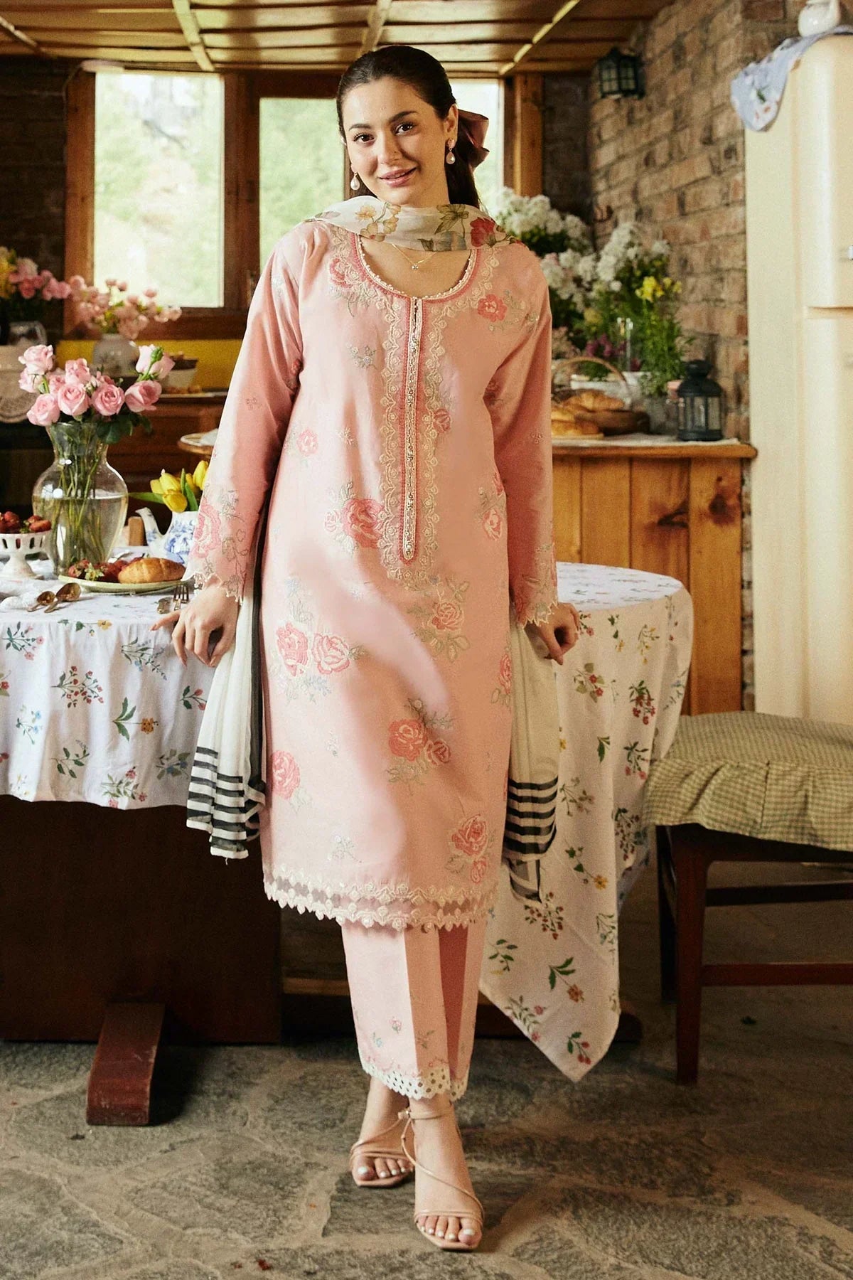 ZARA SHAH JAHAN - 3PC DHANAK EMBROIDERED SHIRT WITH TWILL PRINTED SHAWL AND TROUSER - ZN-1164
