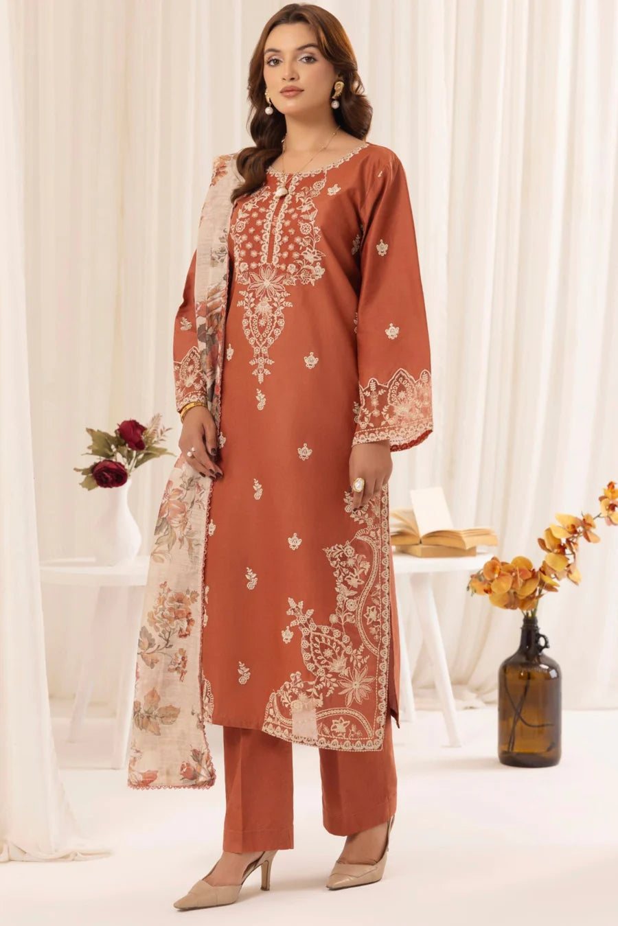 Mohagni-3PC DHANAK EMBROIDERED SHIRT WITH PRINTED PASHMINA SHAWL AND TROUSER ZDH-507