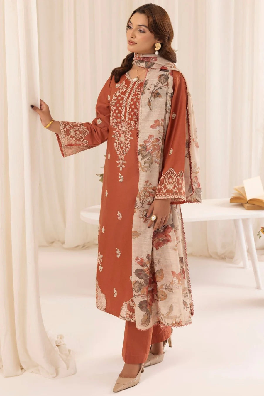 Mohagni-3PC DHANAK EMBROIDERED SHIRT WITH PRINTED PASHMINA SHAWL AND TROUSER ZDH-507