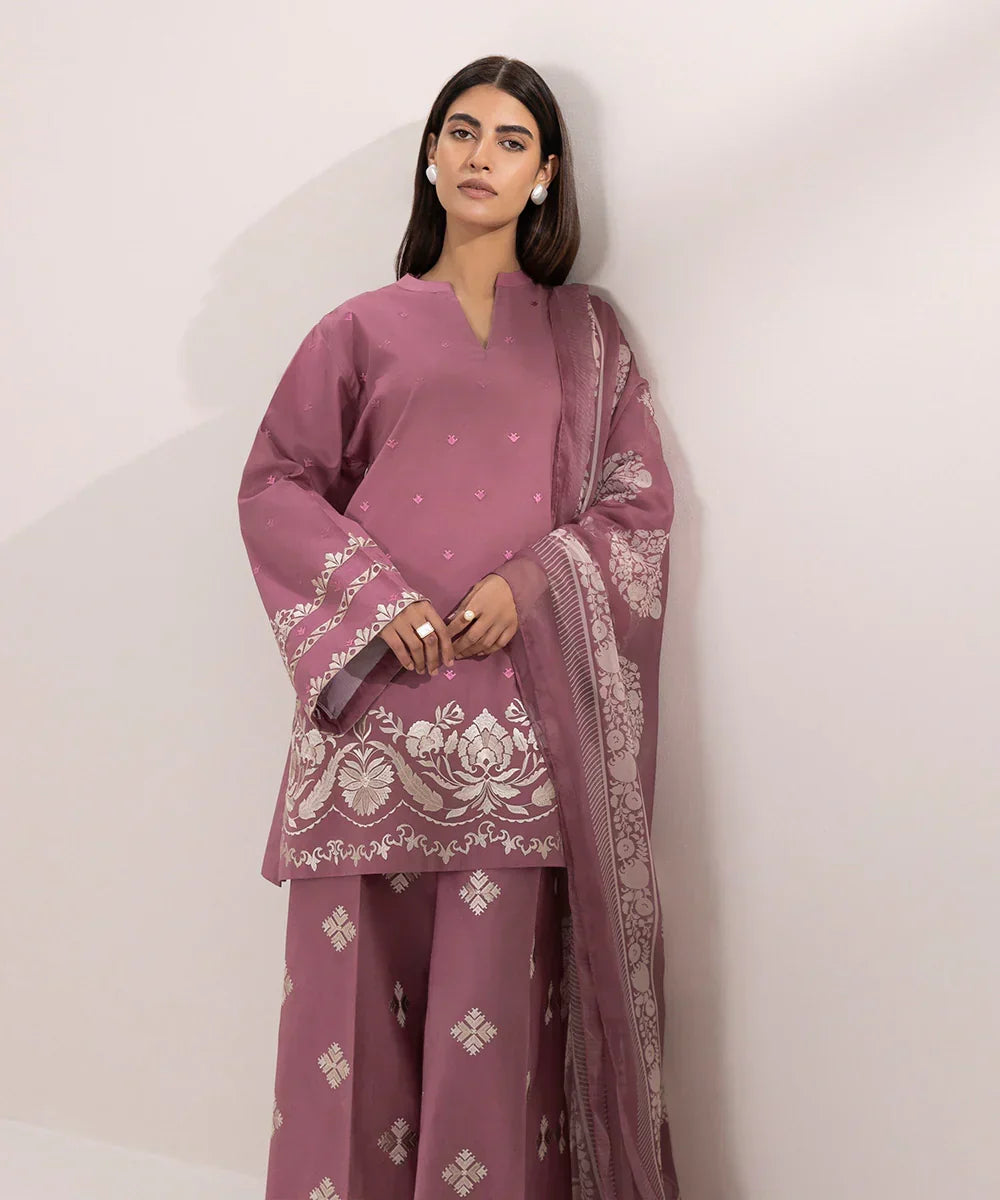 SAPPHIRE - 3PC DHANAK EMBROIDERED SHIRT WITH TWILL PRINTED SHAWL AND EMBROIDERED TROUSER - ZN-1003