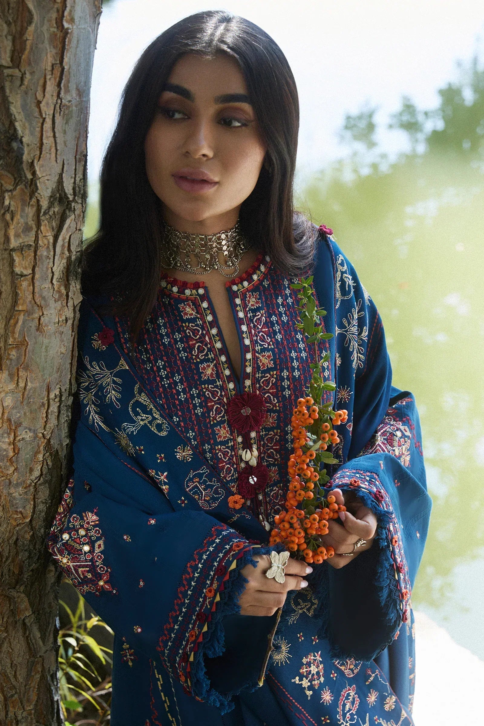 ZAHA - 3PC DHANAK EMBROIDERED SHIRT WITH DHANAK EMBROIDERED SHAWL AND TROUSER - ZN-1161