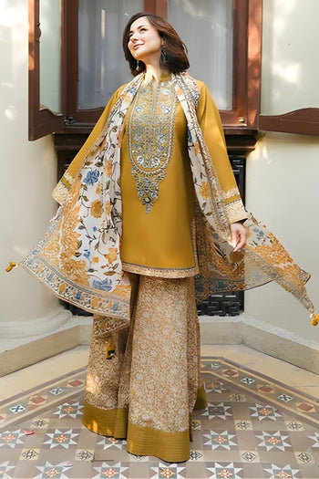 Sapphire-3PC DHANAK EMBROIDERED SHIRT WITH PRINTED PASHMINA SHAWL AND TROUSER ZDH-506