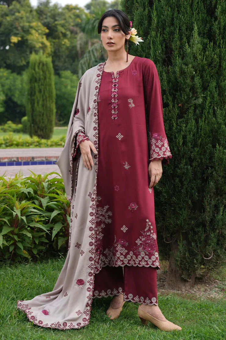 Image-3PC DHANAK EMBROIDERED SHIRT WITH DHANAK EMBROIDERED SHAWL AND TROUSER ZDH-509