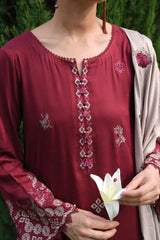 IMAGE - 3PC DHANAK EMBROIDERED SHIRT WITH DHANAK EMBROIDERED SHAWL AND TROUSER - ZN-1001