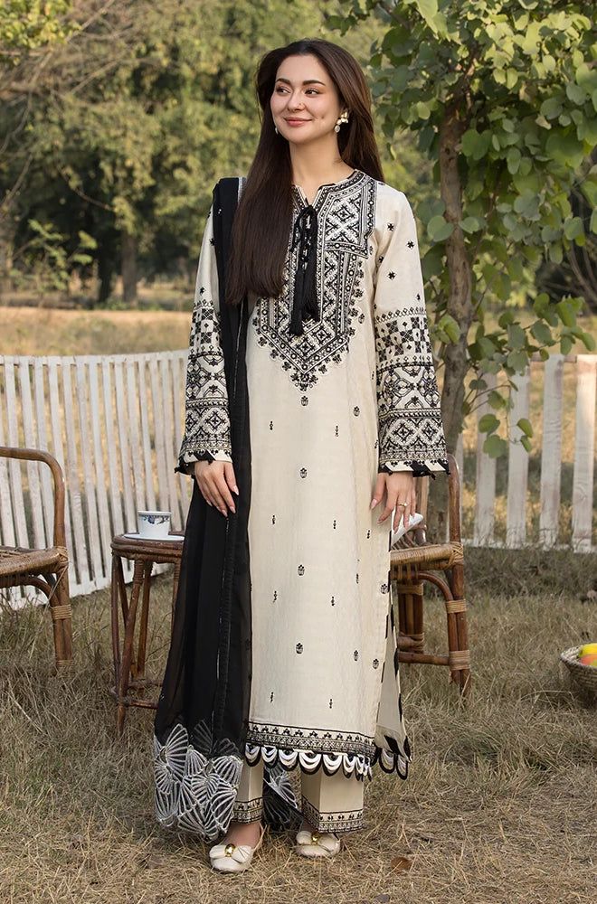 Qalamkar-3PC DHANAK EMBROIDERED SHIRT WITH DHANAK EMBROIDERED SHAWL AND TROUSER ZDH-508
