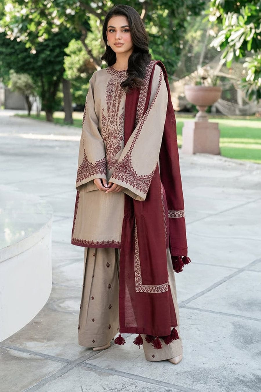 Baroque-3PC DHANAK EMBROIDERED SHIRT WITH PRINTED PASHMINA SHAWL AND TROUSER ZDH-512