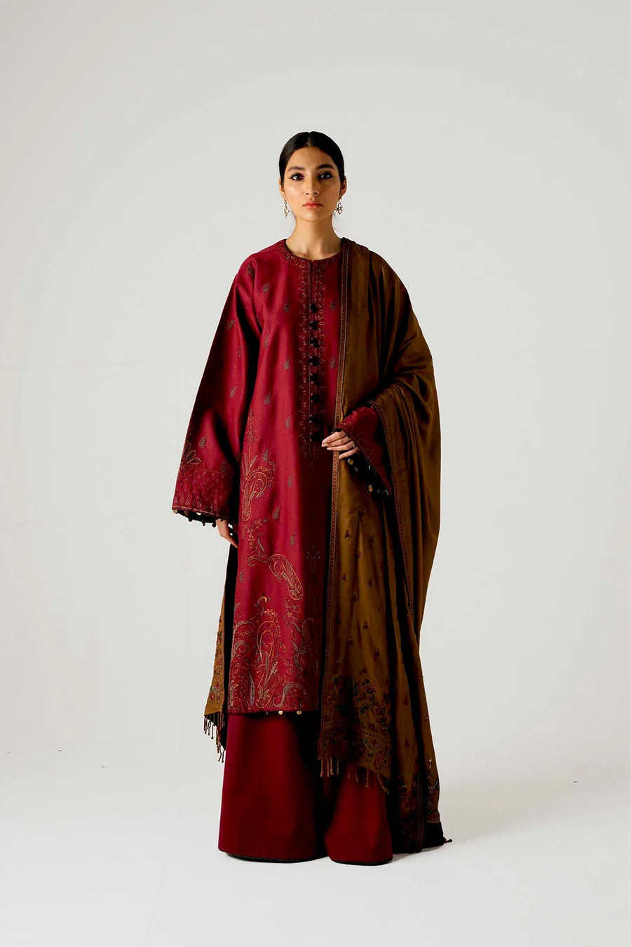 Zara Shahjahan-3PC DHANAK EMBROIDERED SHIRT WITH DHANAK EMBROIDERED SHAWL AND TROUSER ZDH-510