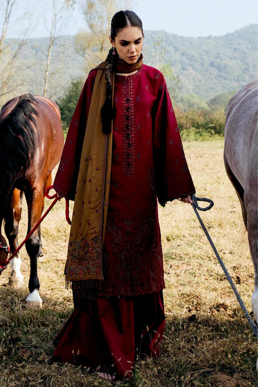 Zara Shahjahan-3PC DHANAK EMBROIDERED SHIRT WITH DHANAK EMBROIDERED SHAWL AND TROUSER ZDH-510