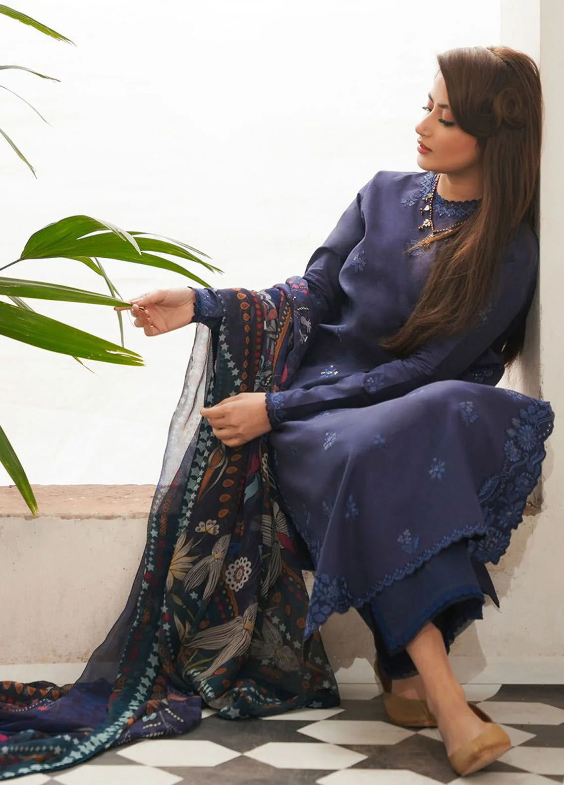 Seran-3PC DHANAK EMBROIDERED SHIRT WITH PRINTED PASHMINA SHAWL AND TROUSER ZDH-501