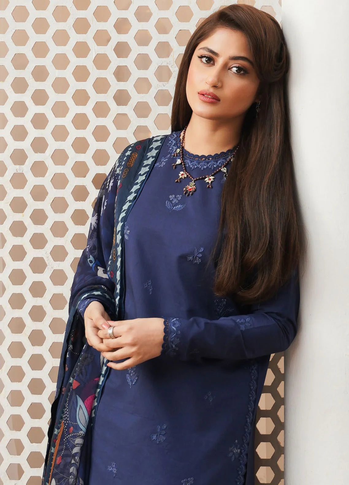 Seran-3PC DHANAK EMBROIDERED SHIRT WITH PRINTED PASHMINA SHAWL AND TROUSER ZDH-501