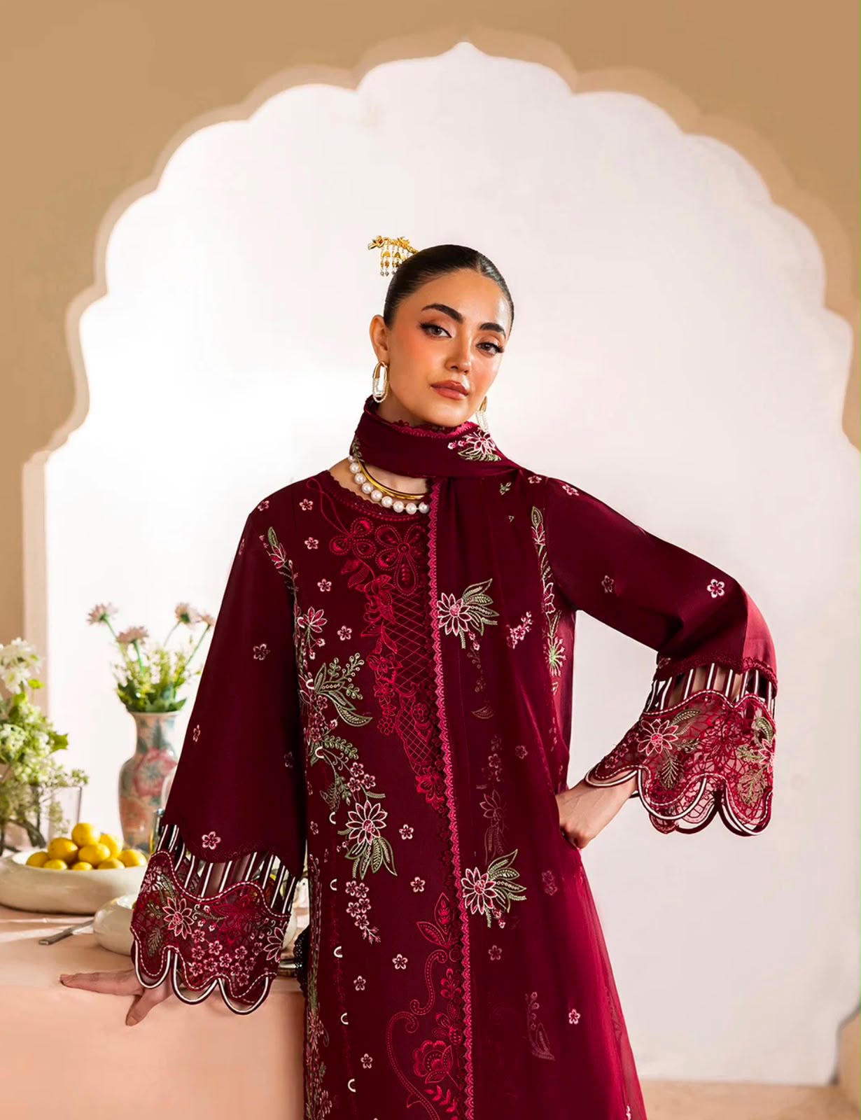 Mahnur Brand Heavy Embroidery Dhanak Fabric 3 Piece Unstitched Design With Embroidered Shawl ZN-1172