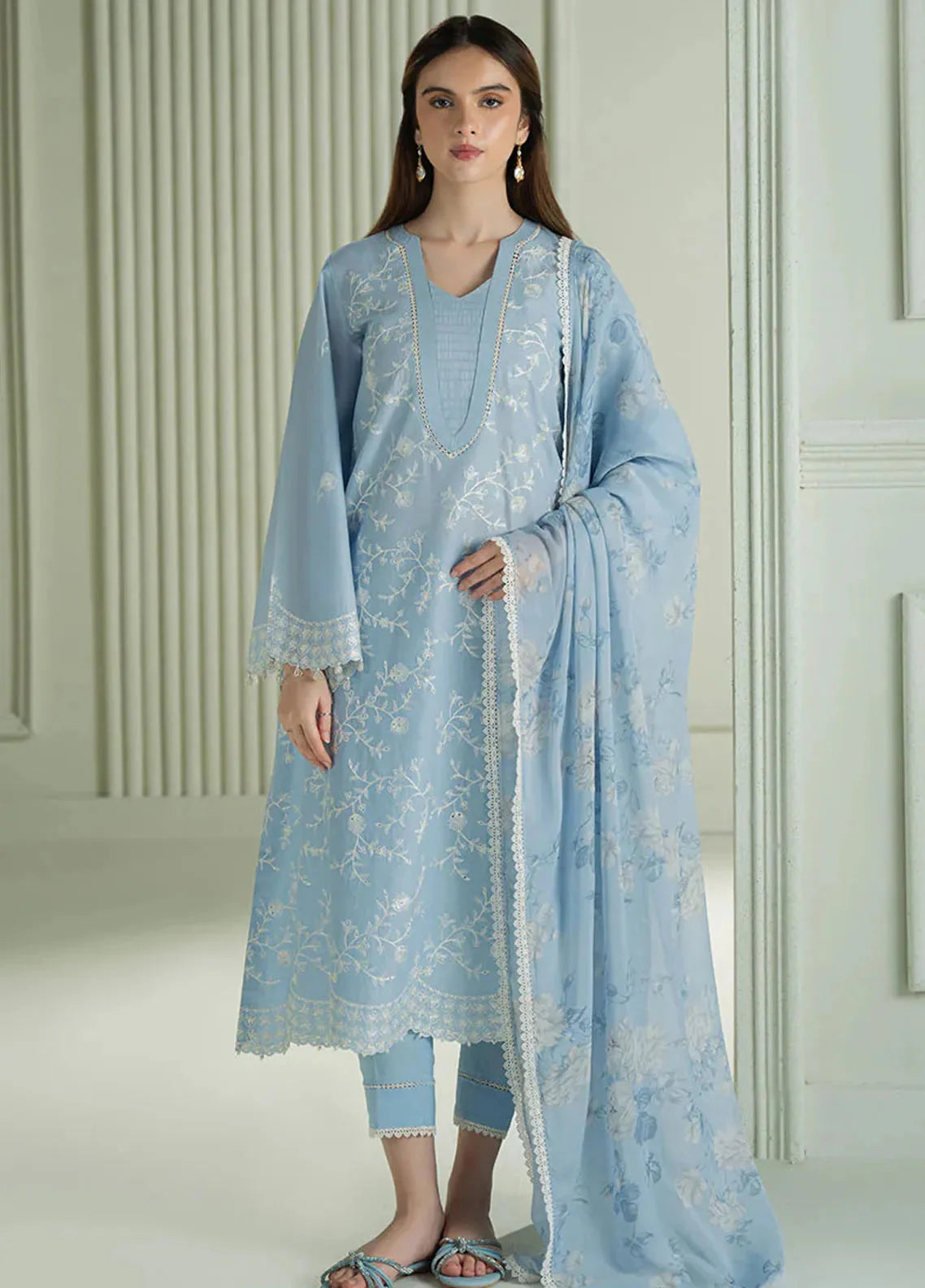 Cross Stitch-3PC DHANAK EMBROIDERED SHIRT WITH PRINTED PASHMINA SHAWL AND TROUSER ZDH-511