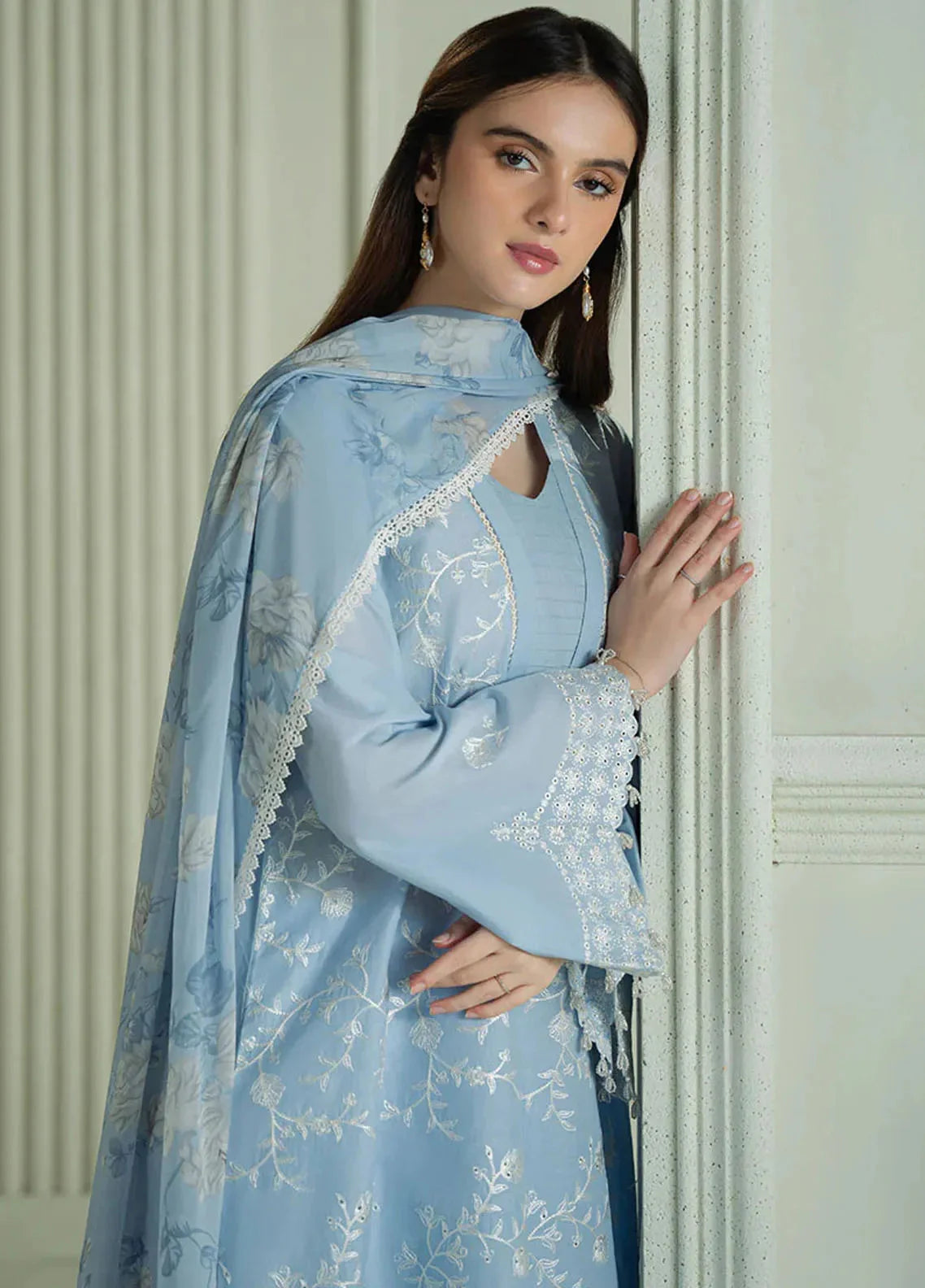 Cross Stitch-3PC DHANAK EMBROIDERED SHIRT WITH PRINTED PASHMINA SHAWL AND TROUSER ZDH-511