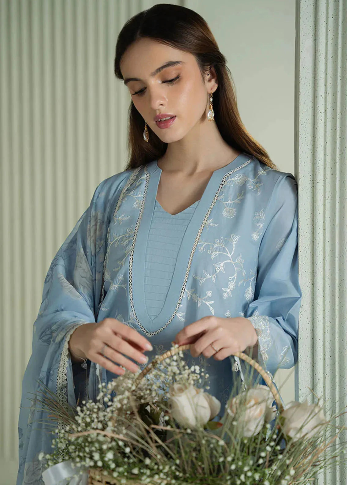 Cross Stitch-3PC DHANAK EMBROIDERED SHIRT WITH PRINTED PASHMINA SHAWL AND TROUSER ZDH-511