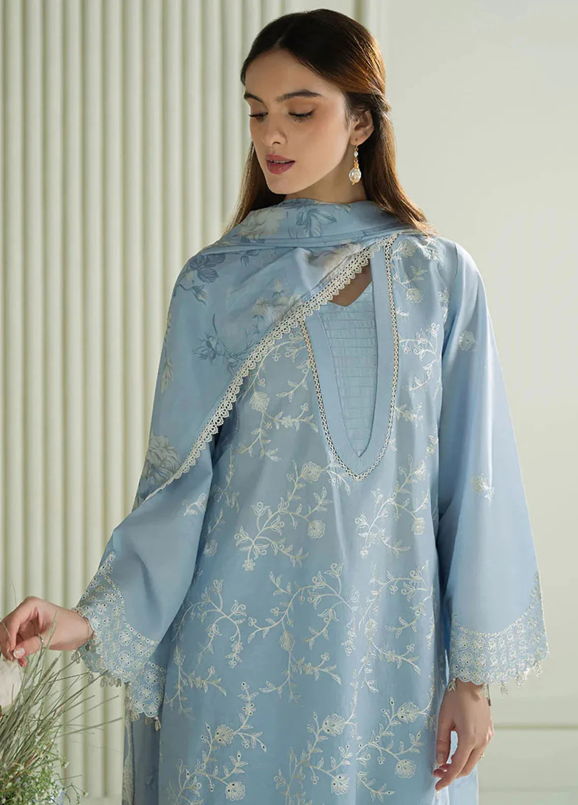 Cross Stitch-3PC DHANAK EMBROIDERED SHIRT WITH PRINTED PASHMINA SHAWL AND TROUSER ZDH-511