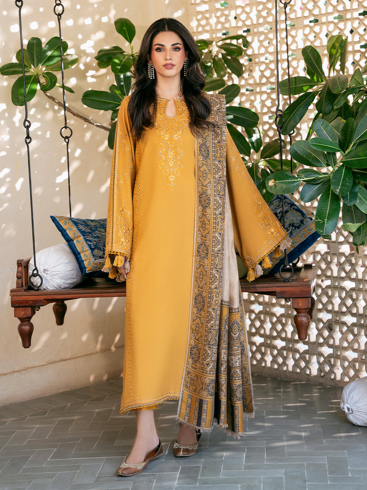 IZEL-3PC DHANAK EMBROIDERED SHIRT WITH PRINTED PASHMINA SHAWL AND TROUSER ZDH-517