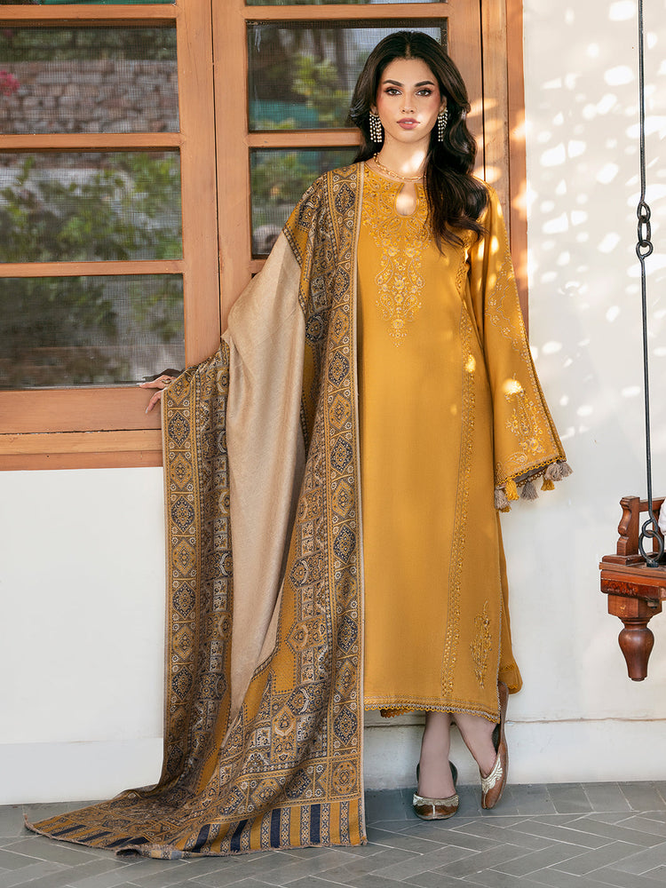 IZEL-3PC DHANAK EMBROIDERED SHIRT WITH PRINTED PASHMINA SHAWL AND TROUSER ZDH-517