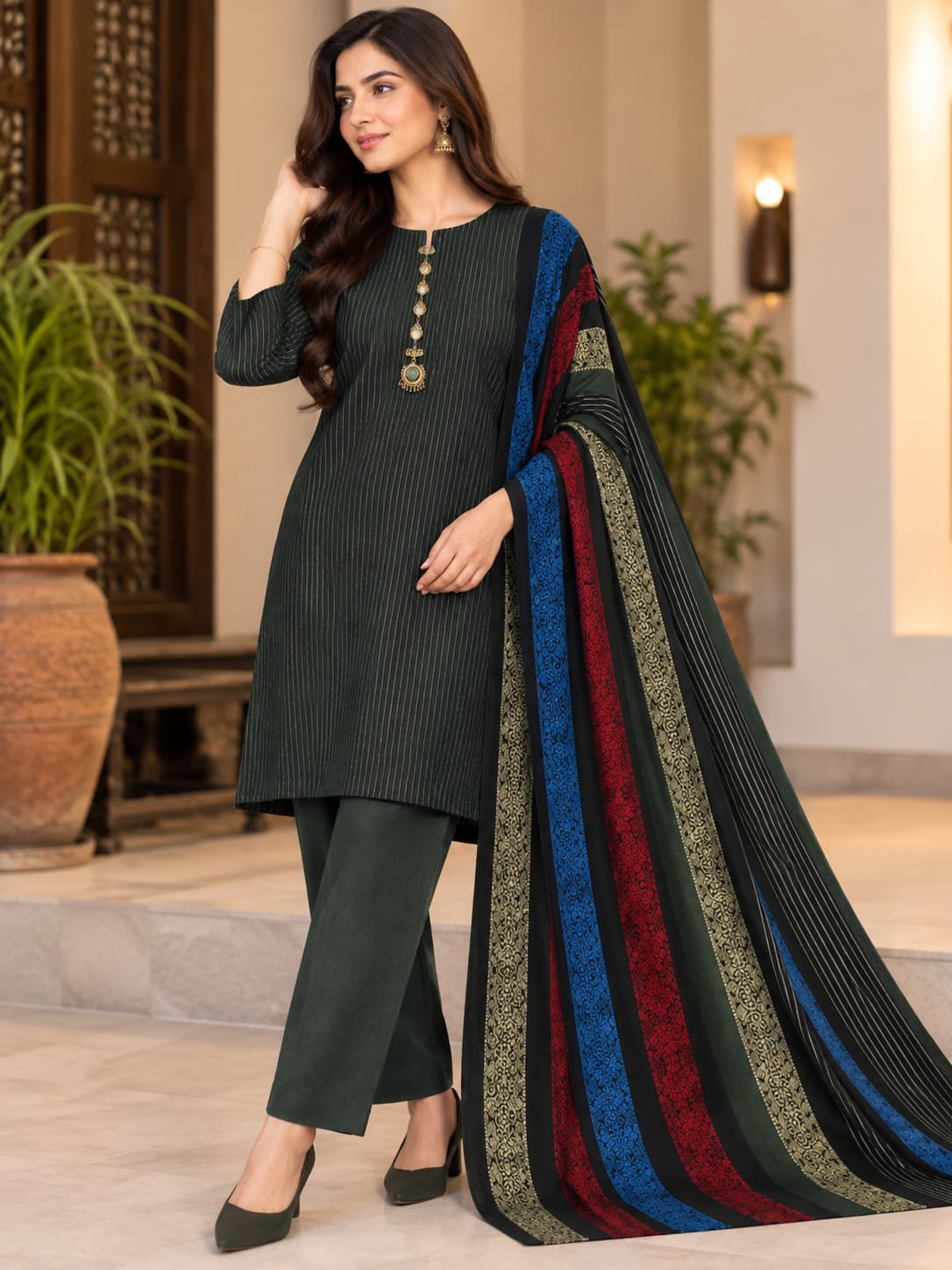 Marina Khaddi 3Piece Indian Banarsi Winter Special (Deep Green)