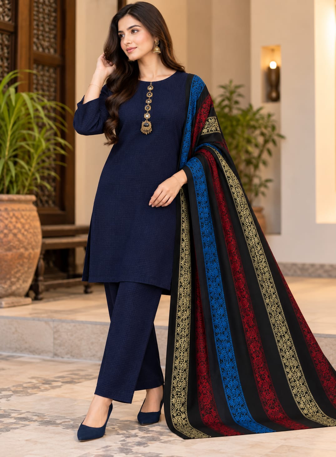 Marina Khaddi 3Piece Indian Banarsi Winter Special (Deep Blue)