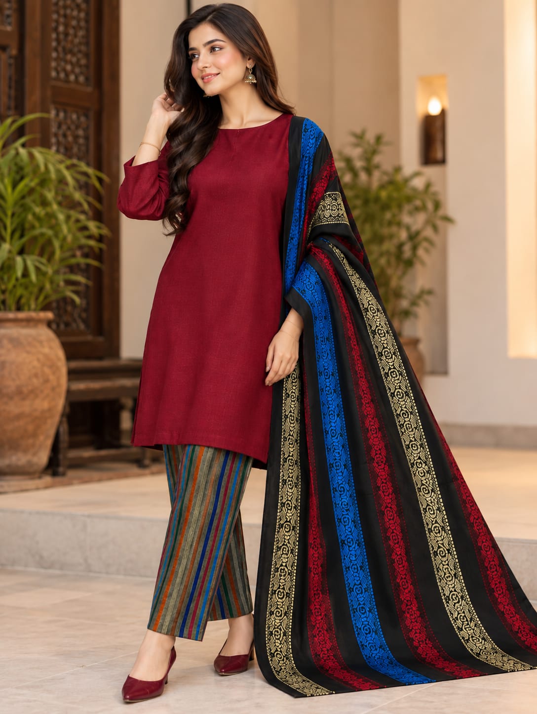 Marina Khaddi 3Piece Indian Banarsi Winter Special (Mehroon)